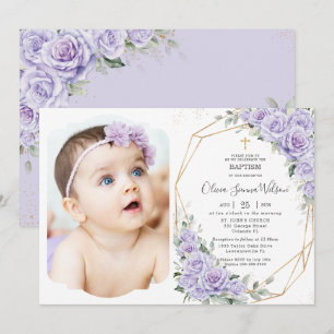 Invitation Élégantes roses lavande violettes florales baptême