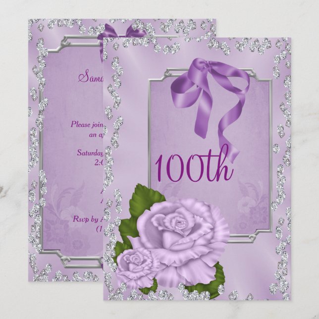 Invitation Élégantes Roses Lilas Romantiques & Rubans 100ème (Devant / Derrière)