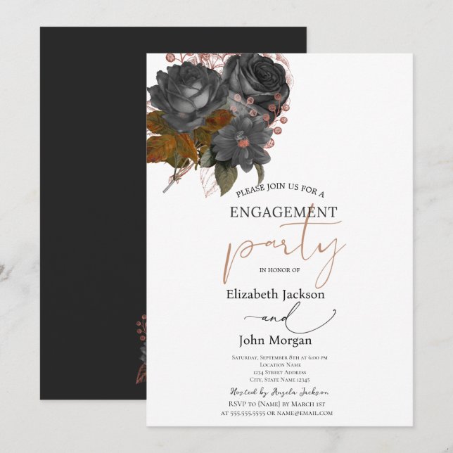 Invitation Élégantes Roses Noires de Fiançailles  (Devant / Derrière)