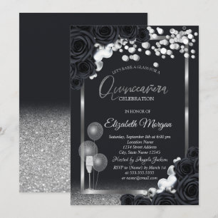 Invitation Élégantes roses noires Fête de 15 ans avec ballons