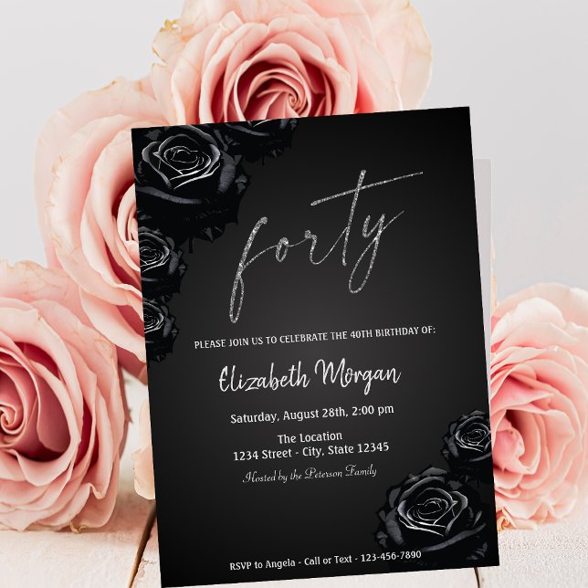 Invitation Élégantes Roses Noires Gothiques 40e Anniversaire (Créateur téléchargé)