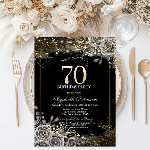 Invitation Elegantes Roses Noires, Lumières 70e Anniversaire 