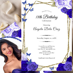 Invitation Élégantes Roses Noires Or Bleu 18ème Anniversaire