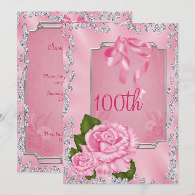 Invitation Élégantes Roses Romantiques & Rubans 100ème (Devant / Derrière)
