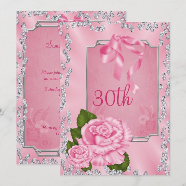 Invitation Élégantes Roses Romantiques & Rubans 30ème (Devant / Derrière)