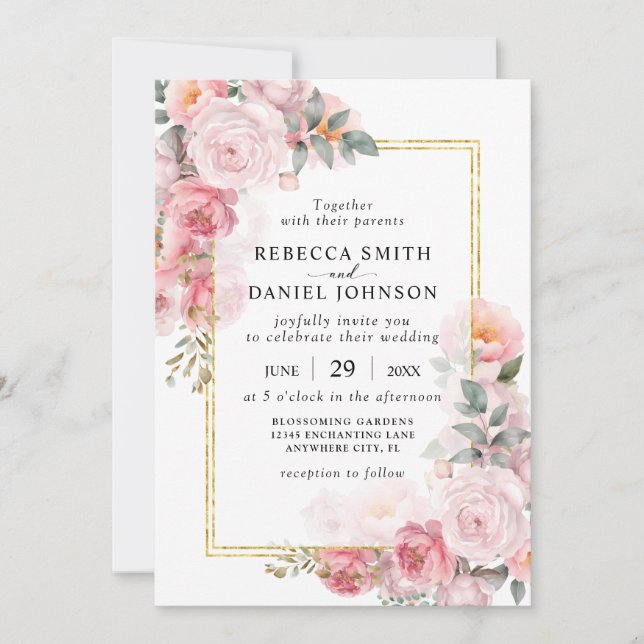Invitation Élégantes Roses Rose Poussiéreuses et Mariage Mode (Devant)