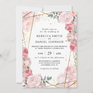 Invitation Élégantes Roses Rose Poussiéreuses & Mariage Géomé
