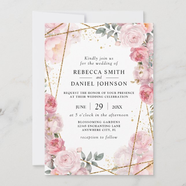 Invitation Élégantes Roses Rose Poussiéreuses & Mariage Géomé (Devant)