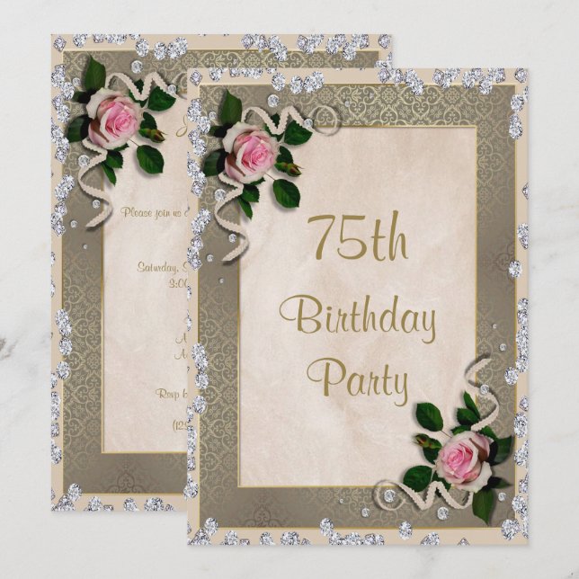 Invitation Élégantes Roses Roses 75e Anniversaire (Devant / Derrière)