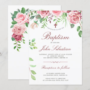Invitation Élégantes roses roses aquarelles jardin baptême