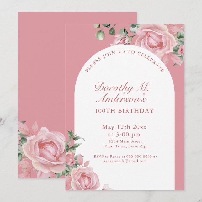 Invitation Élégantes roses roses blush pour 100e anniversaire (Devant / Derrière)