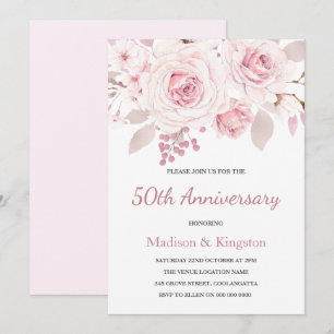 Invitation Élégantes roses roses blush pour les 50 ans de mar