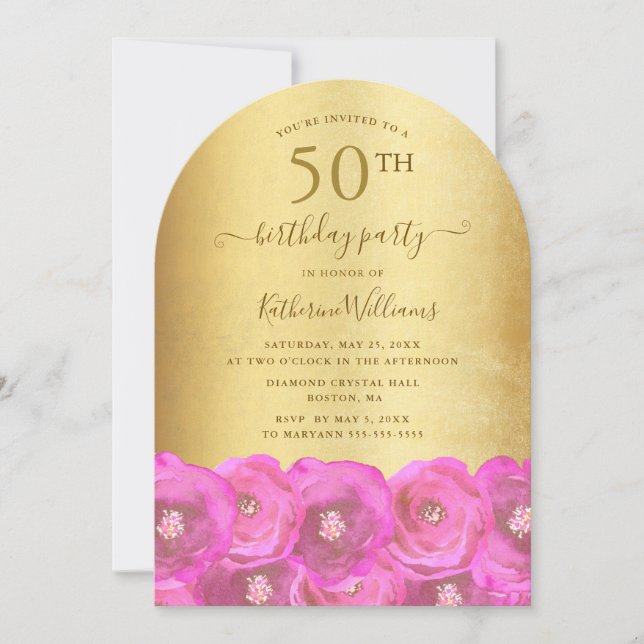 Invitation Élégantes Roses Roses et Écriture Dorée 50e Annive (Devant)