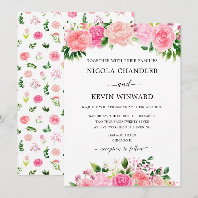 Invitation Élégantes Roses Roses Florales Mariage (Devant / Derrière)