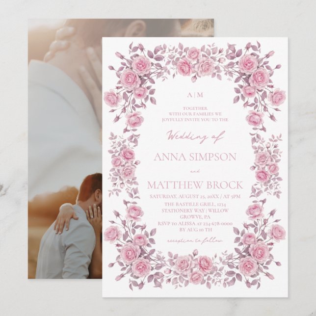 Invitation Élégantes roses roses poussiéreuses de mariage  (Devant / Derrière)