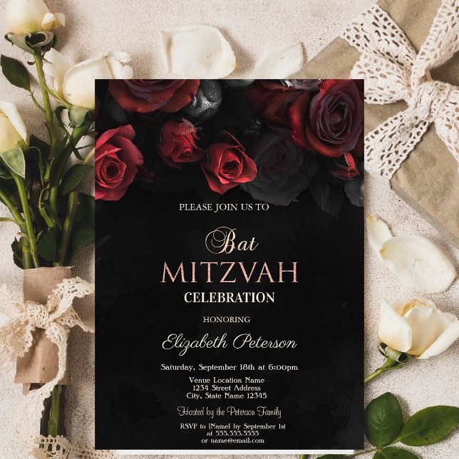 Invitation Élégantes roses rouges Bar Mitzvah gothique  (Créateur téléchargé)