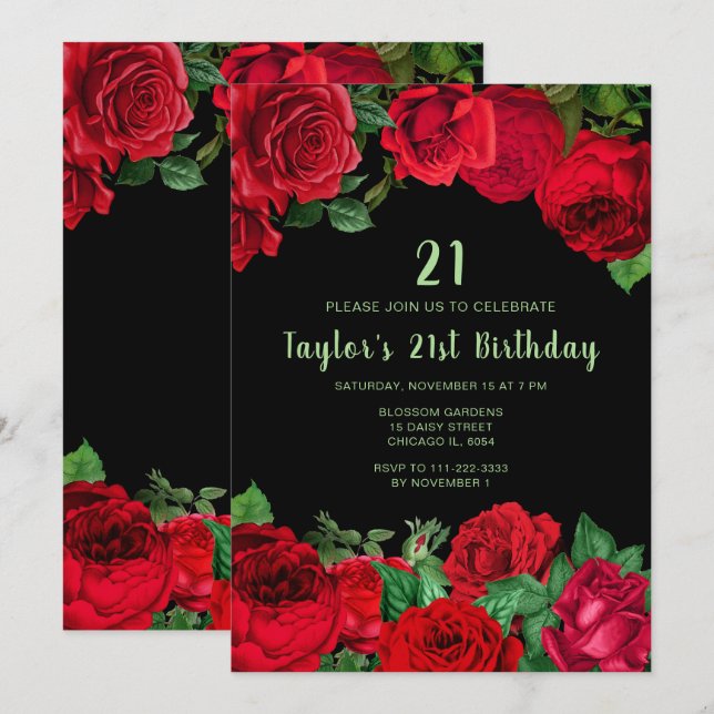 Invitation Élégantes roses rouges fleurs fête d'anniversaire (Devant / Derrière)