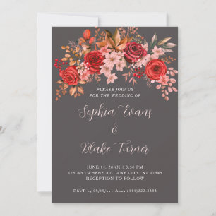 Invitation Élégantes Roses Rouges Floral Loup Gris Mariage