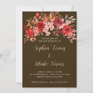 Invitation Élégantes Roses Rouges Floral Mocca Brun Mariage
