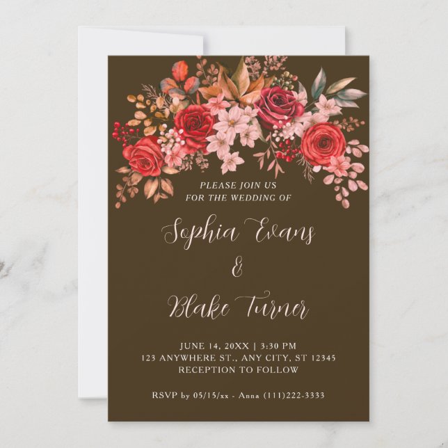 Invitation Élégantes Roses Rouges Floral Mocca Brun Mariage (Devant)