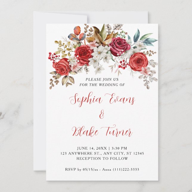 Invitation Élégantes Roses Rouges Florale Blanche Mariage (Devant)
