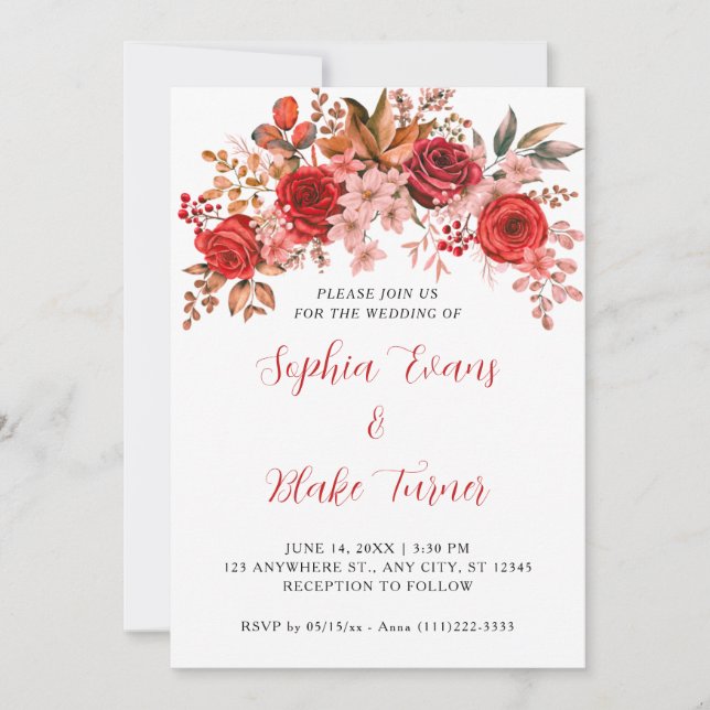Invitation Élégantes Roses Rouges Florale Mariage Blanc (Devant)