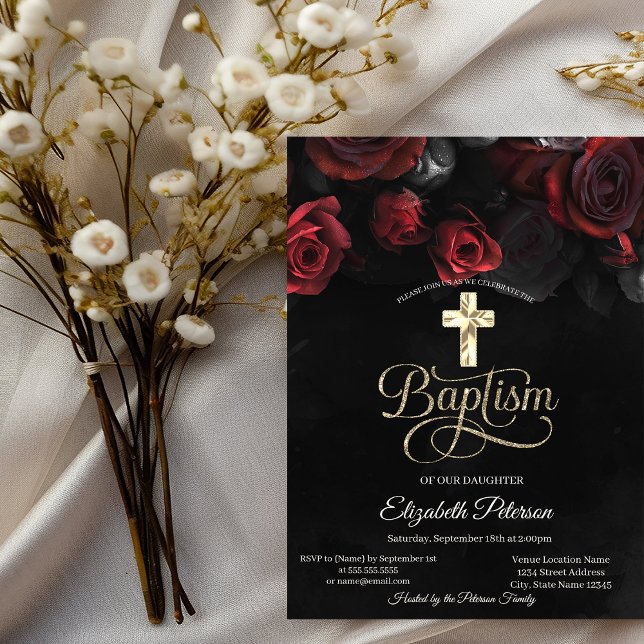 Invitation Élégantes roses rouges gothiques baptême noir (Créateur téléchargé)