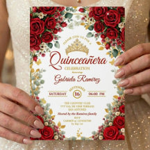 Élégantes Roses Rouges Papillons Dorés Quinceañera