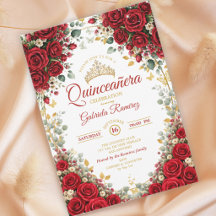 Élégantes Roses Rouges Papillons Dorés Quinceañera