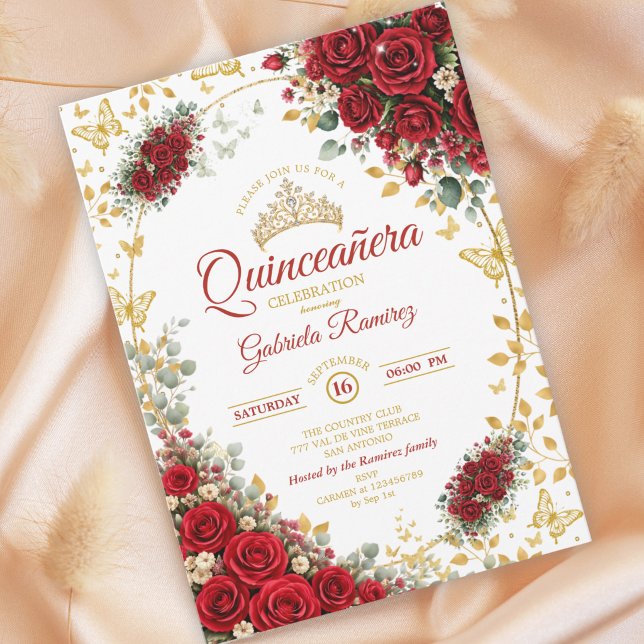 Invitation Élégantes Roses Rouges Papillons Dorés Quinceañera (Créateur téléchargé)