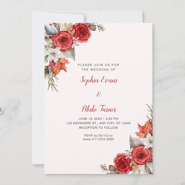 Invitation Élégantes Roses Rouges Rustiques Mariage Automne R (Devant)