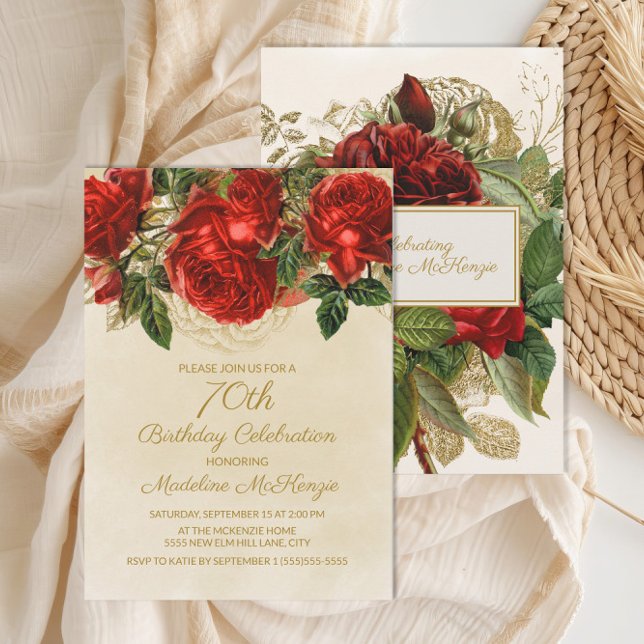 Invitation Élégantes roses rouges vintage 70 ans (Elegant vintage red roses on cream 70th birthday party invitation)