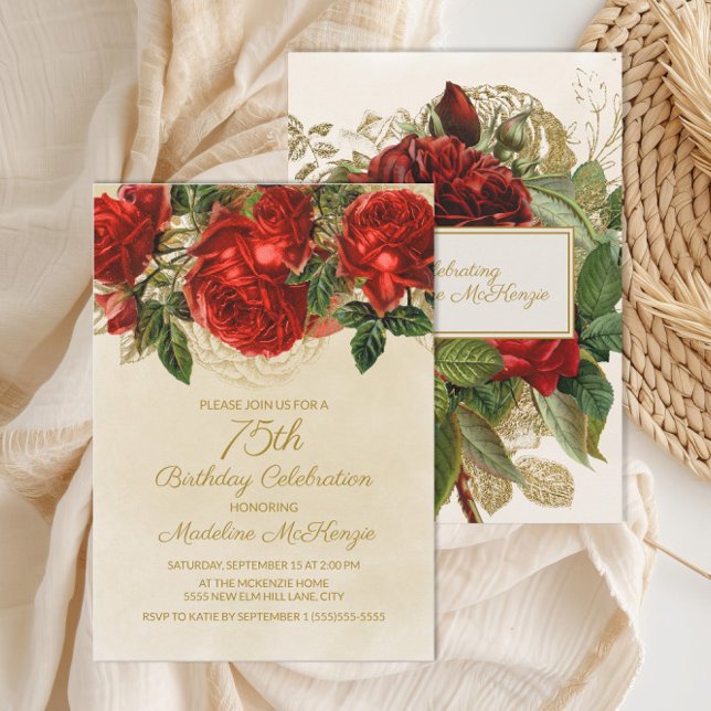 Invitation Élégantes roses rouges vintage 75 ans (Elegant vintage red roses on cream 75th birthday party invitation)