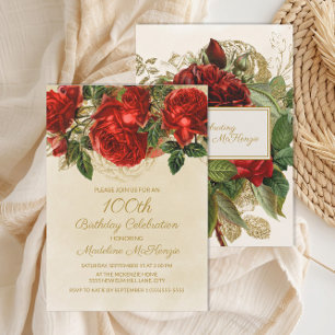 Invitation Élégantes Roses Rouges Vintage pour 100e Anniversa