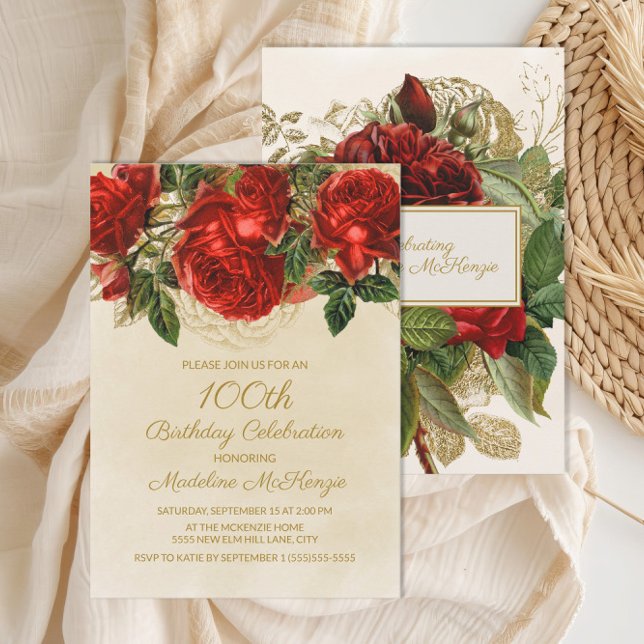 Invitation Élégantes Roses Rouges Vintage pour 100e Anniversa (Red roses 100th birthday party invitation)