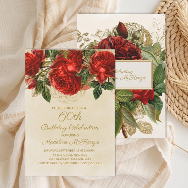 Invitation Élégantes roses rouges vintage pour 60 ans (Elegant red vintage roses on cream 60th birthday invitation)