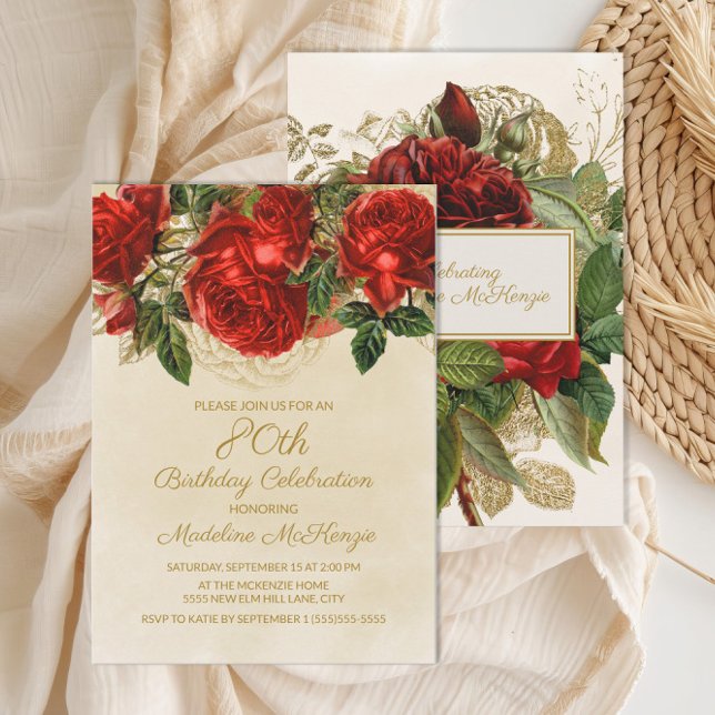 Invitation Élégantes roses rouges vintage pour 80 ans (Elegant red roses on cream 80th birthday invitation)