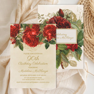 Invitation Elegantes roses rouges vintage pour 90 ans