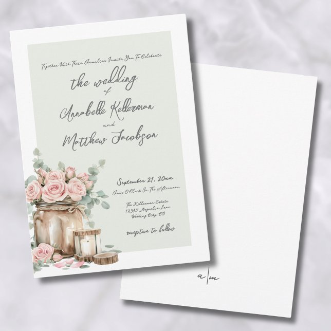 Invitation Élégantes roses rustiques en bocal Mason pour mari (Elegant Rustic Mason Jar Roses Country Wedding Invitation)