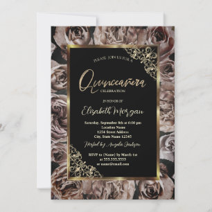Invitation Élégantes roses sombres avec cadre doré sur fond n