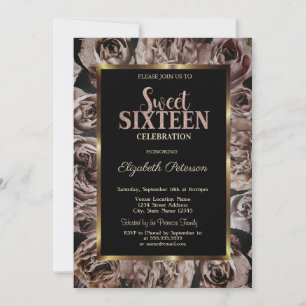 Invitation Élégantes Roses Sombres Noir Sweet 16