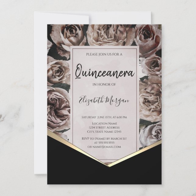 Invitation Élégantes Roses Sombres Quinceanera (Devant)