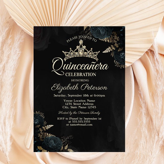 Invitation Élégantes Roses Vert Foncé Gothique Quinceañera (Créateur téléchargé)