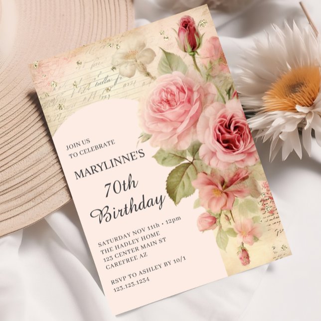 Invitation Élégantes Roses Vintage 70e Anniversaire (Créateur téléchargé)