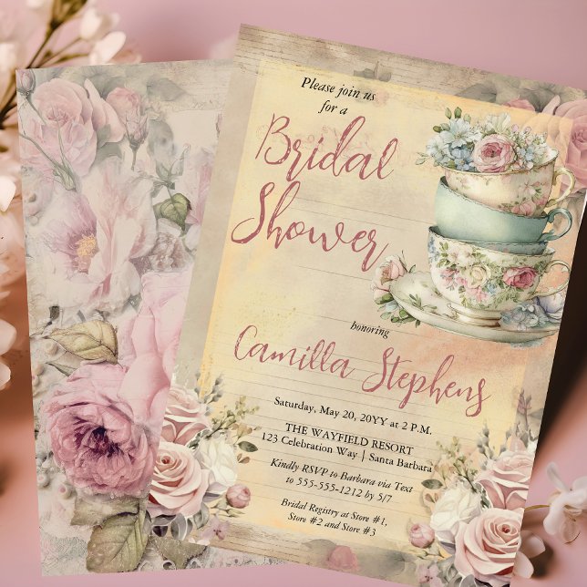 Invitation Elégantes tasses à thé à Fête des mariées rose Flo (Elegant Pink Floral Tea Cups Vintage Look Bridal Shower Tea Invitation)