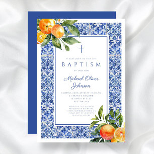 Invitation Élégantes Tuiles Bleues Citron Religieuses Baptême
