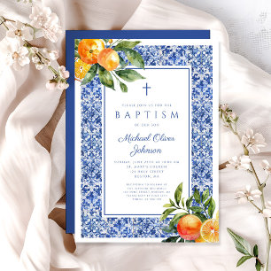 Invitation Élégantes Tuiles Bleues Citron Religieuses Baptême
