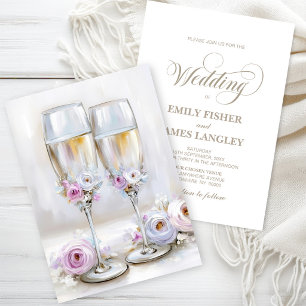Invitation Élégantes Verres à Champagne Florales Roses Mariag
