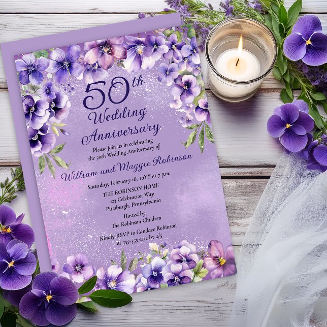 Invitation Élégantes violettes violettes 50e anniversaire de  (Elegant Purple Violets 50th Wedding Anniversary Invitation -- Print | Digital Download)