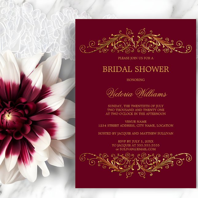 Invitation Élégantes Volutes de Vin Bourguignon Doré (Elegant gold swirls invitation front view.  Gold and burgundy bridal shower invitation.)